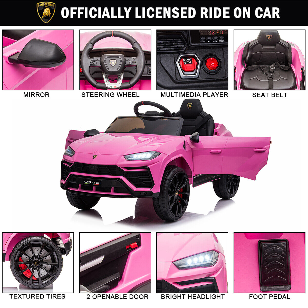 Electric Lamborghini Urus 12V Ride-On Car with Remote Control and MP3 Player for Kids