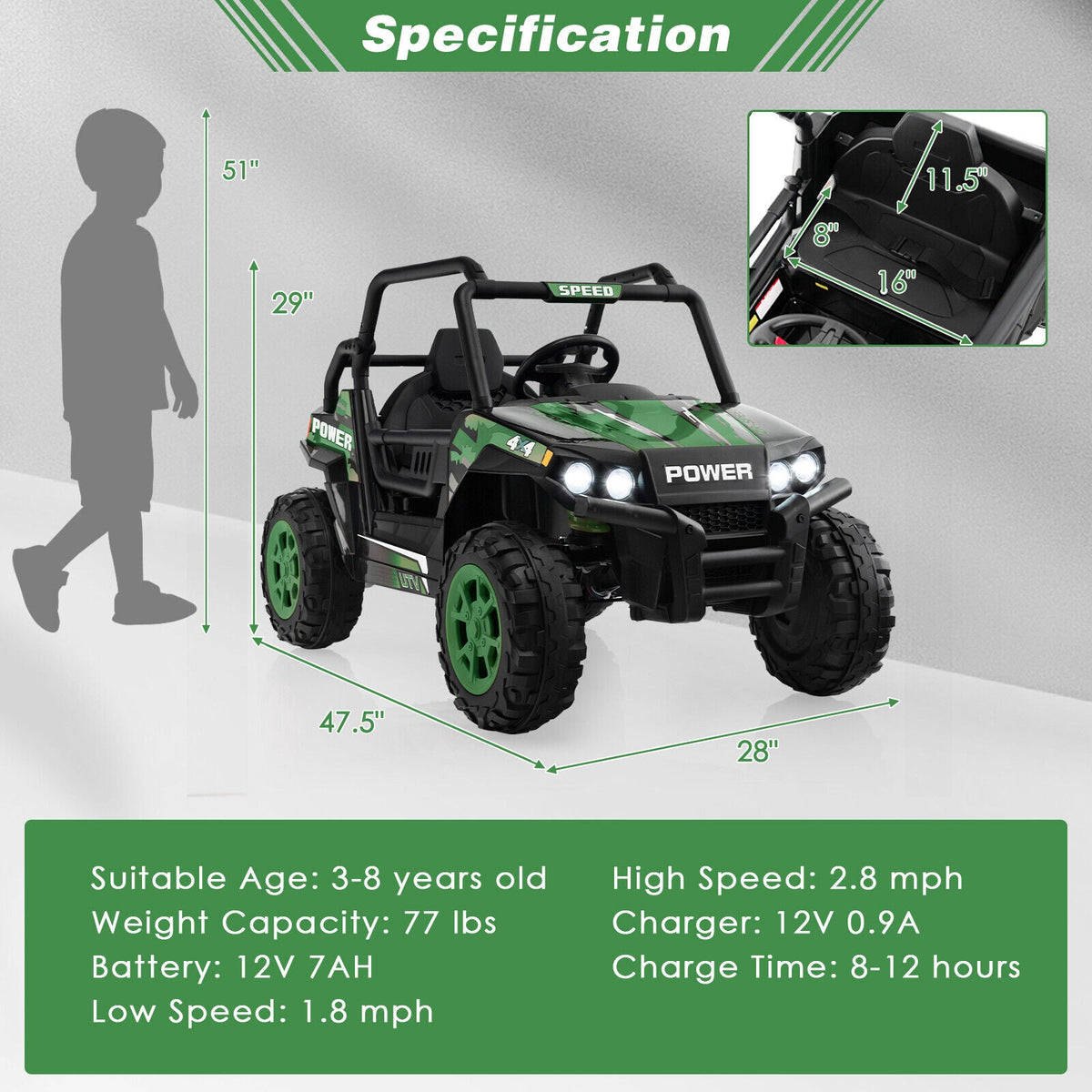Electric Off-Road Truck for Kids with Realistic Horns and Engine Sounds - 12V