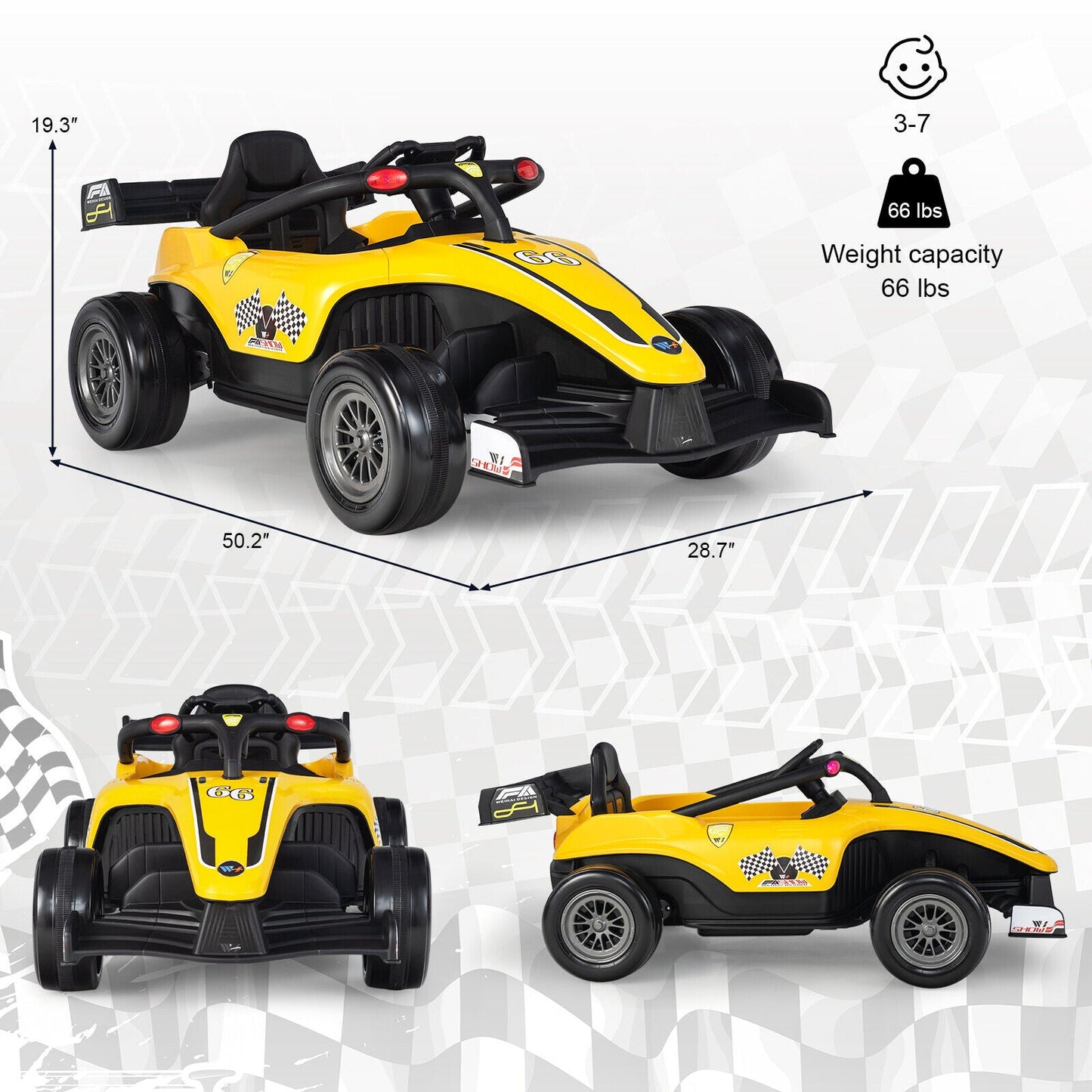 Electric Racing Truck for Kids with 2 Speeds, Remote Control, MP3 Player, and Lights - Yellow