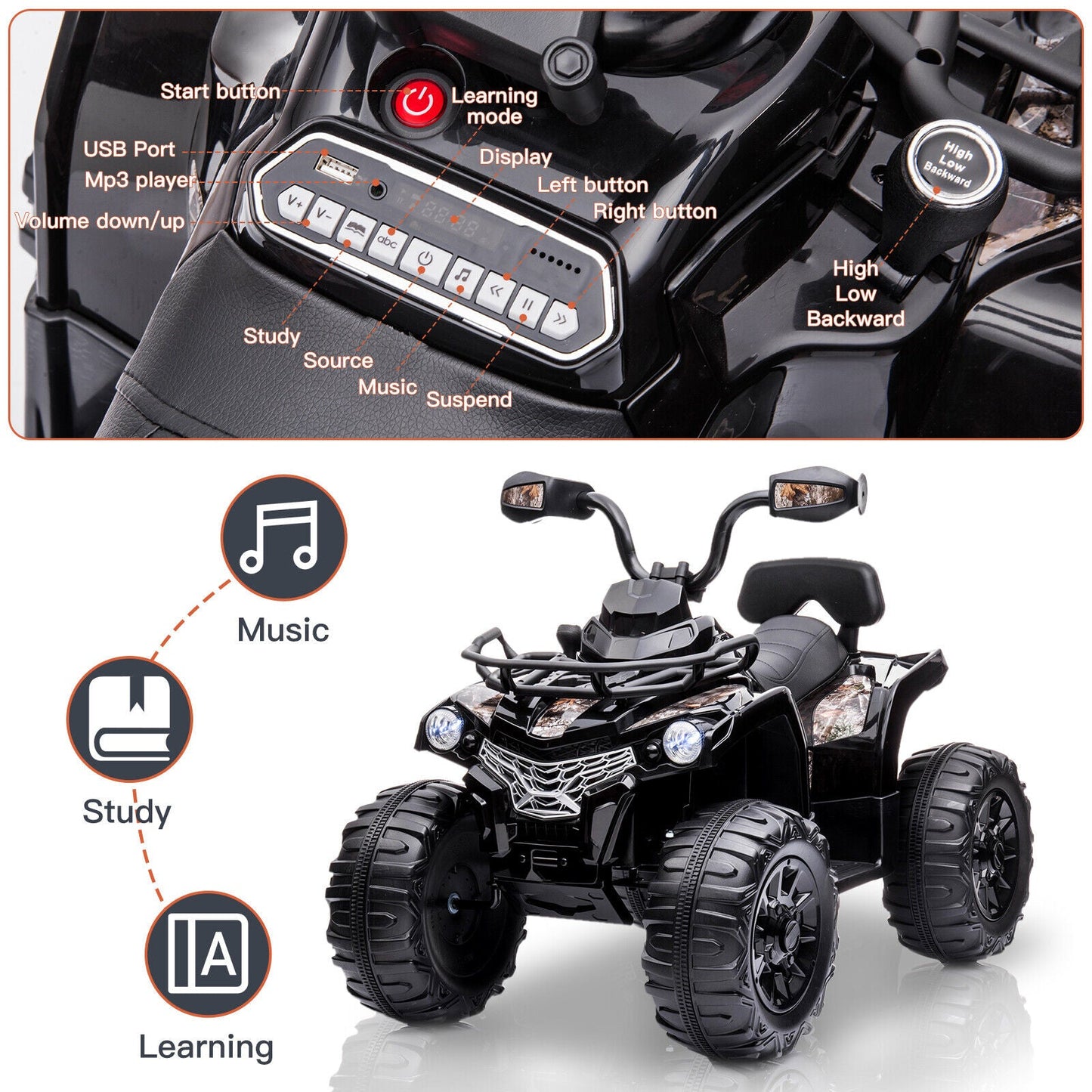 Electric ATV 4-Wheeler Quad Car Toy for Kids - 12V, 2 Speeds, Headlights, MP3 Compatible