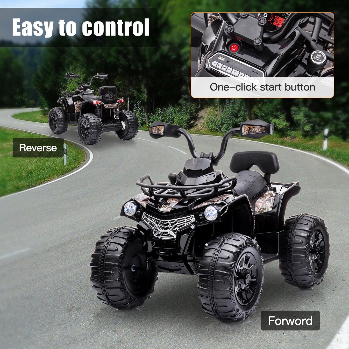 Electric Kids Ride On ATV 4-Wheeler Quad Car Toy with Music and Headlights - 2 Speed Options