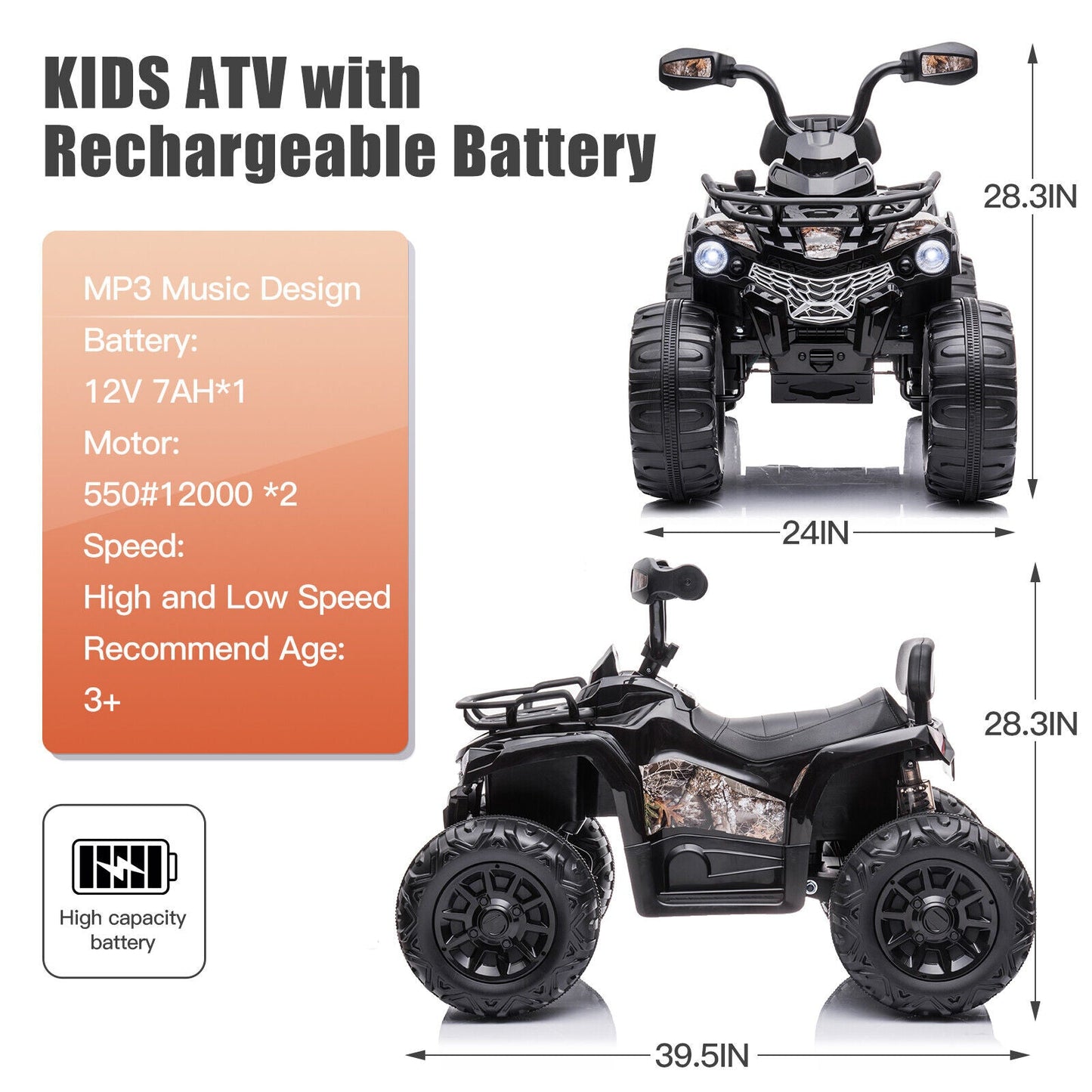 12V Kids Ride On Quad ATV with LED Headlights - Battery Powered Toy for Hours of Fun!