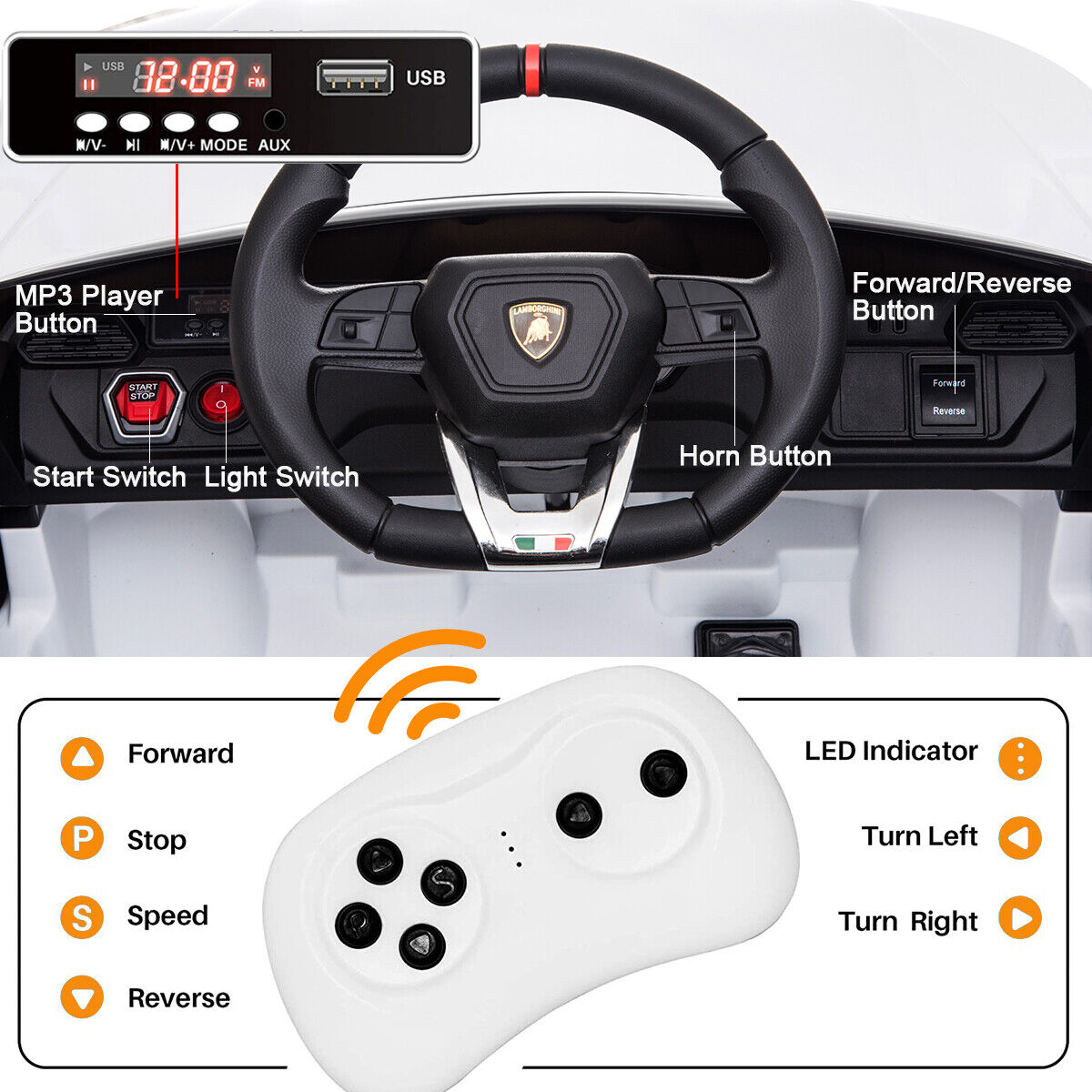 Electric Ride-On Car with Remote Control, MP3 Music, and Headlights - 12V Battery Powered