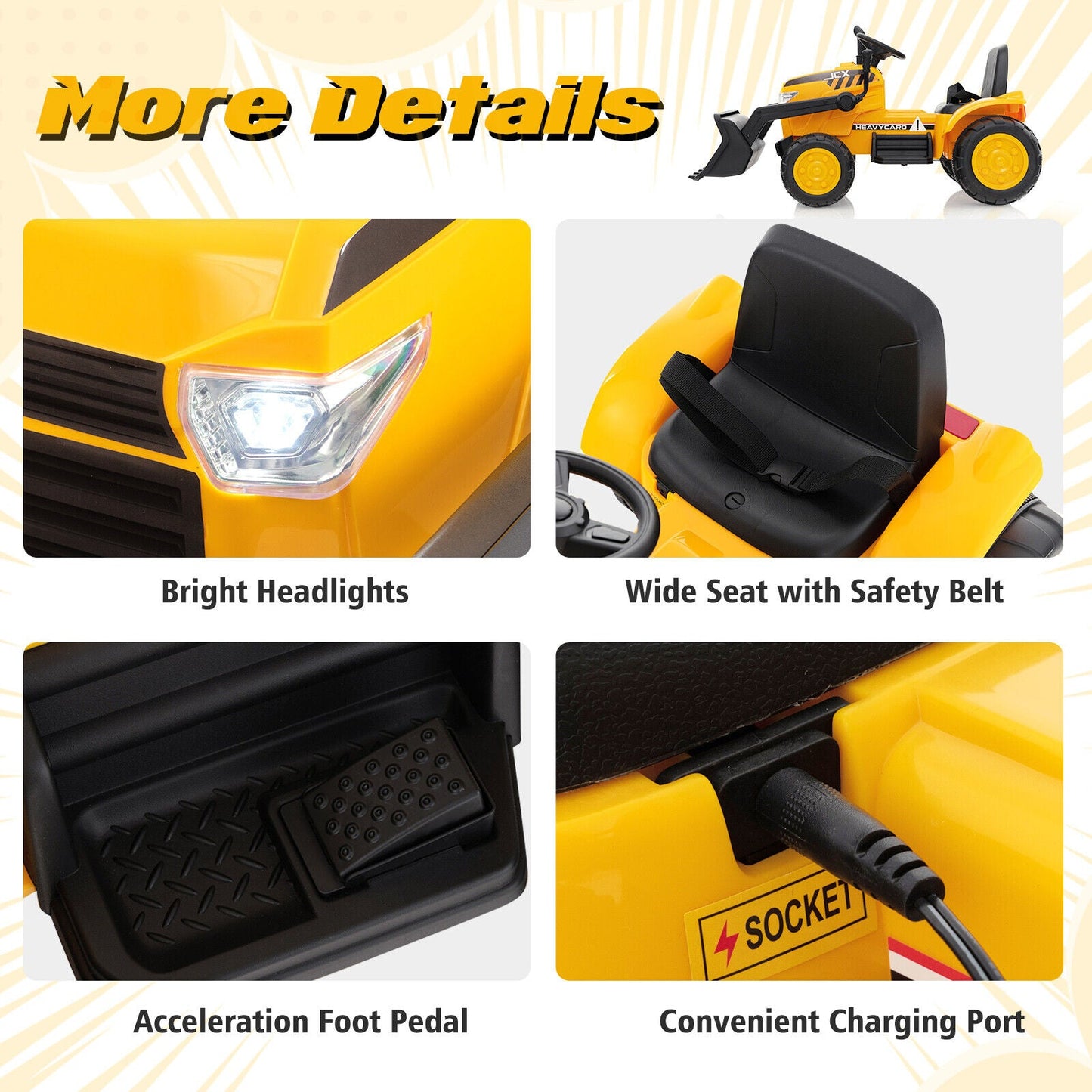 Electric Ride-On Excavator Digger with RC Control, Lights, and Music for Kids (12V)