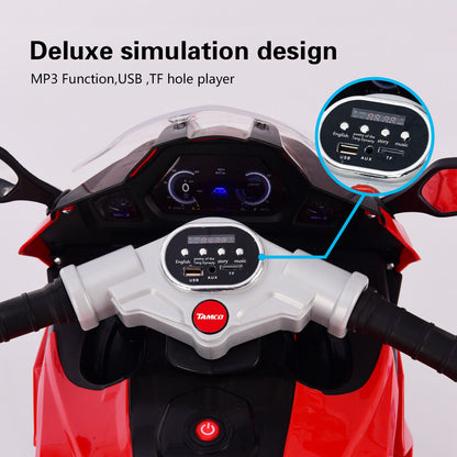 Electric Ride-On Motorcycle for Kids with LED Wheels, Music, and Screen - Red