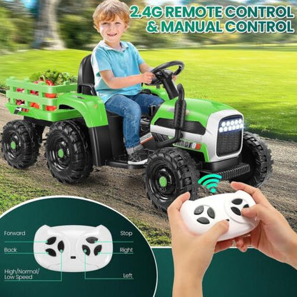 Electric Ride-On Tractor Car Toy with Trailer for Kids - 12V, 60W, 3-Speed, Remote Control and AUX Port
