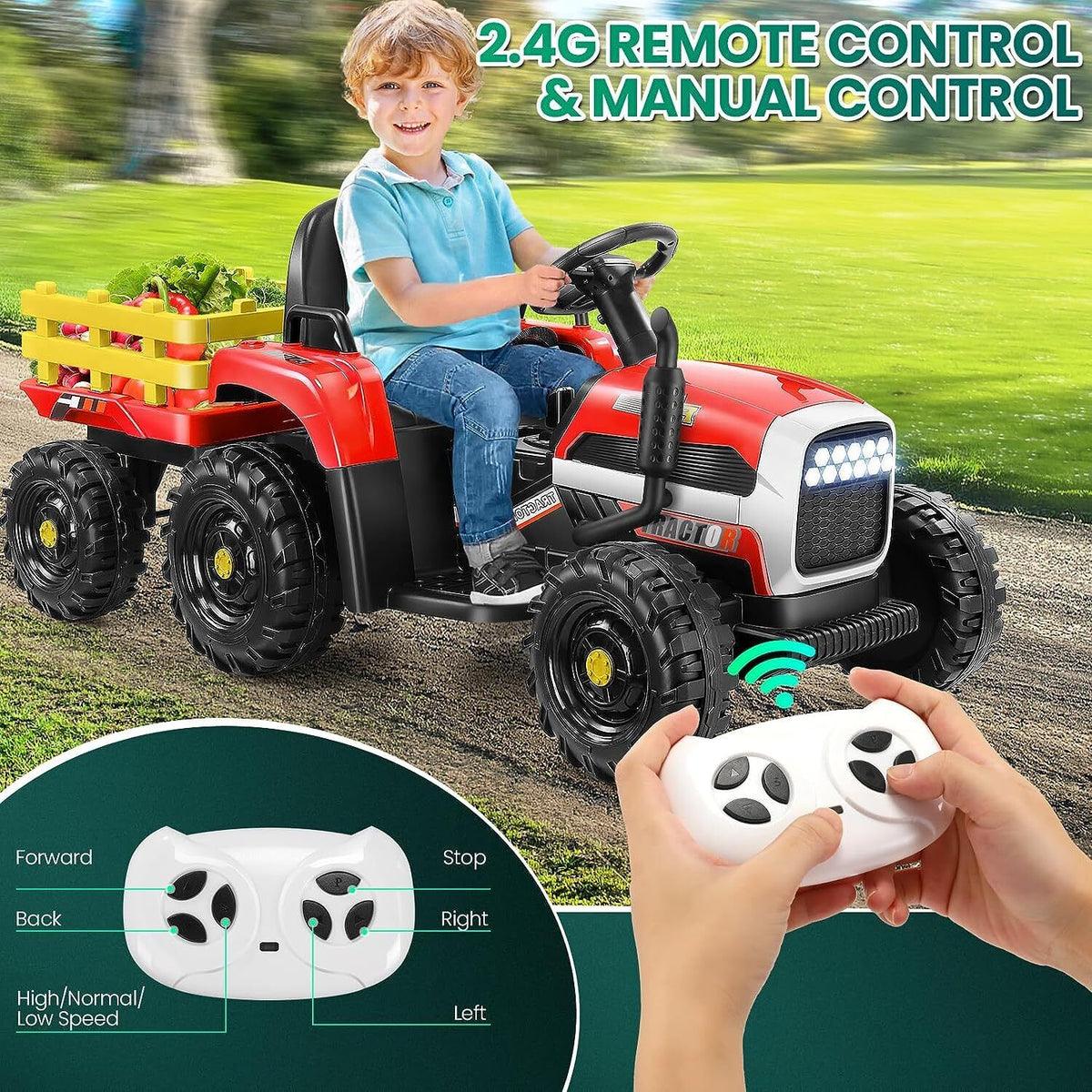 Electric Ride-On Tractor for Kids with Remote Control, LED Lights, and Music Player