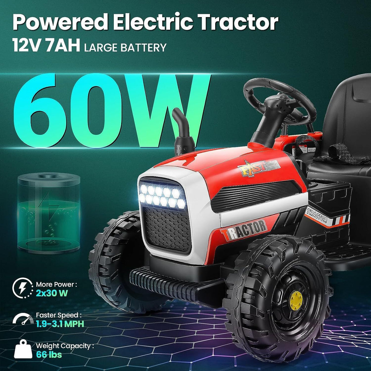 Electric Ride-On Tractor for Kids with Remote Control, LED Lights, and Music Player