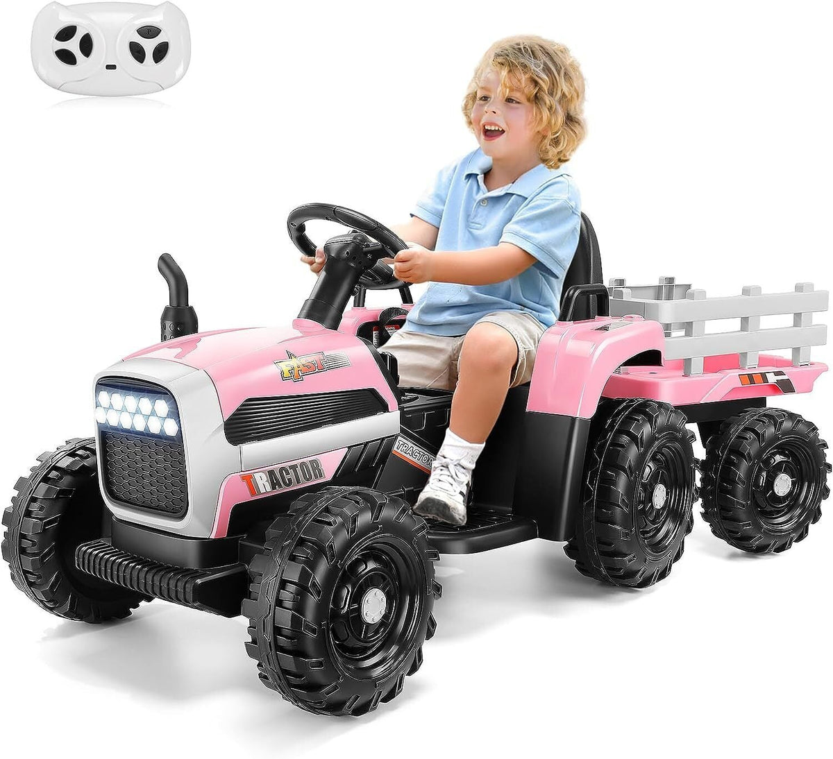 Electric Ride-On Tractor for Kids with Remote Control, LED Lights, and Music Player