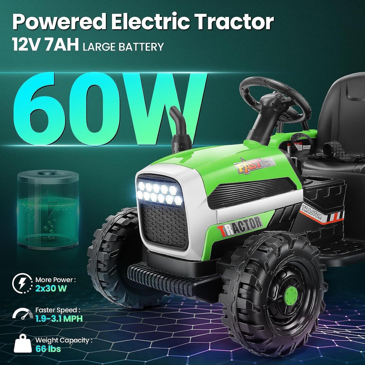 Electric Ride-On Tractor for Kids with Remote Control, LED Lights, and Music Player