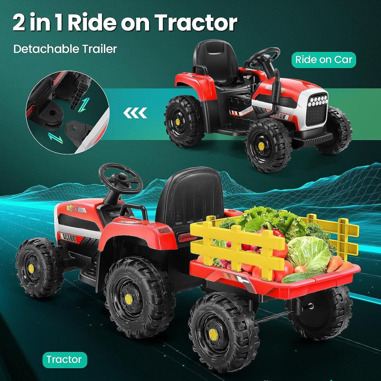 Electric Kids Ride On Tractor with Remote Control, LED Lights, and MP3 Player - 12V Battery Powered Toy