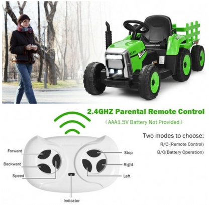 Electric Ride-On Tractor for Kids with Remote Control, Detachable Trailer, Lights, and MP3 Music