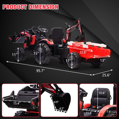 Electric Ride-On Tractor with Excavator, Bulldozer, and Trailer for Kids (24V)