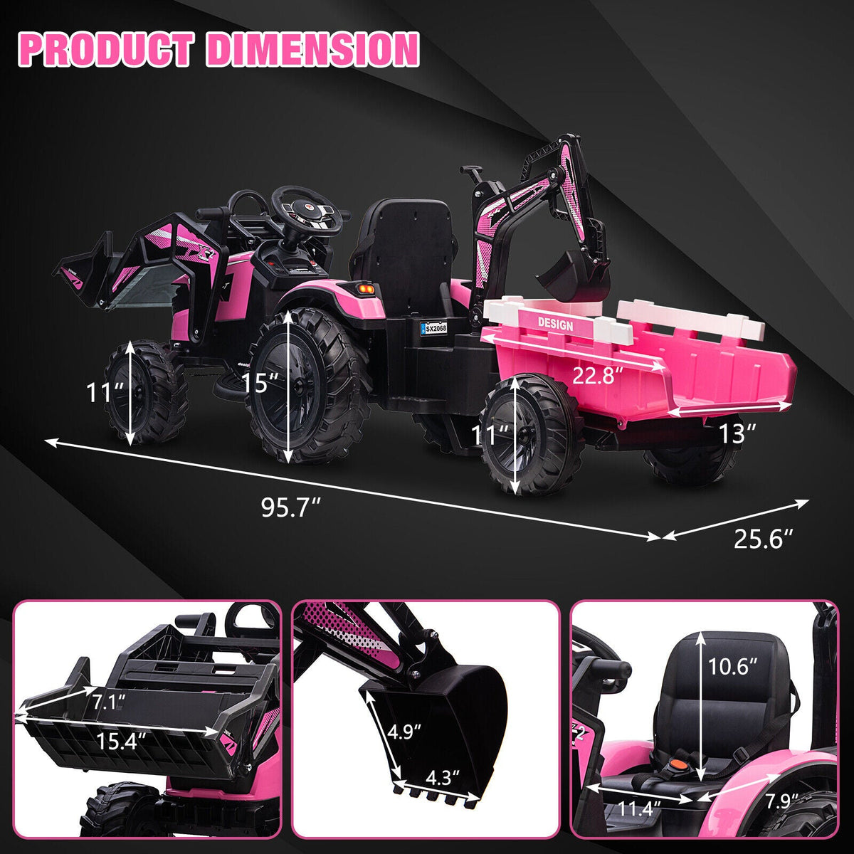 Electric Ride-On Tractor with Excavator, Bulldozer, and Trailer for Kids (24V)