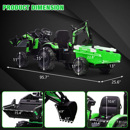 Electric Ride-On Tractor with Excavator, Bulldozer, and Trailer for Kids (24V)