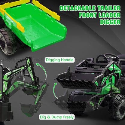 Electric Ride-On Tractor with Excavator, Bulldozer, and Trailer for Kids (24V)