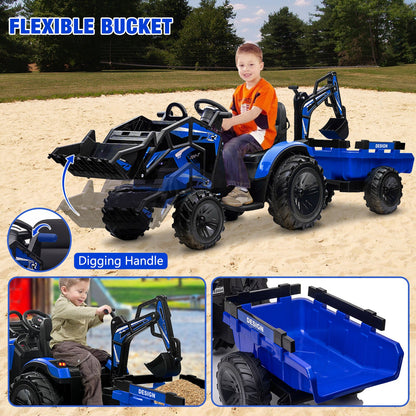 Electric Ride-On Tractor with Excavator, Bulldozer, and Trailer for Kids (24V)