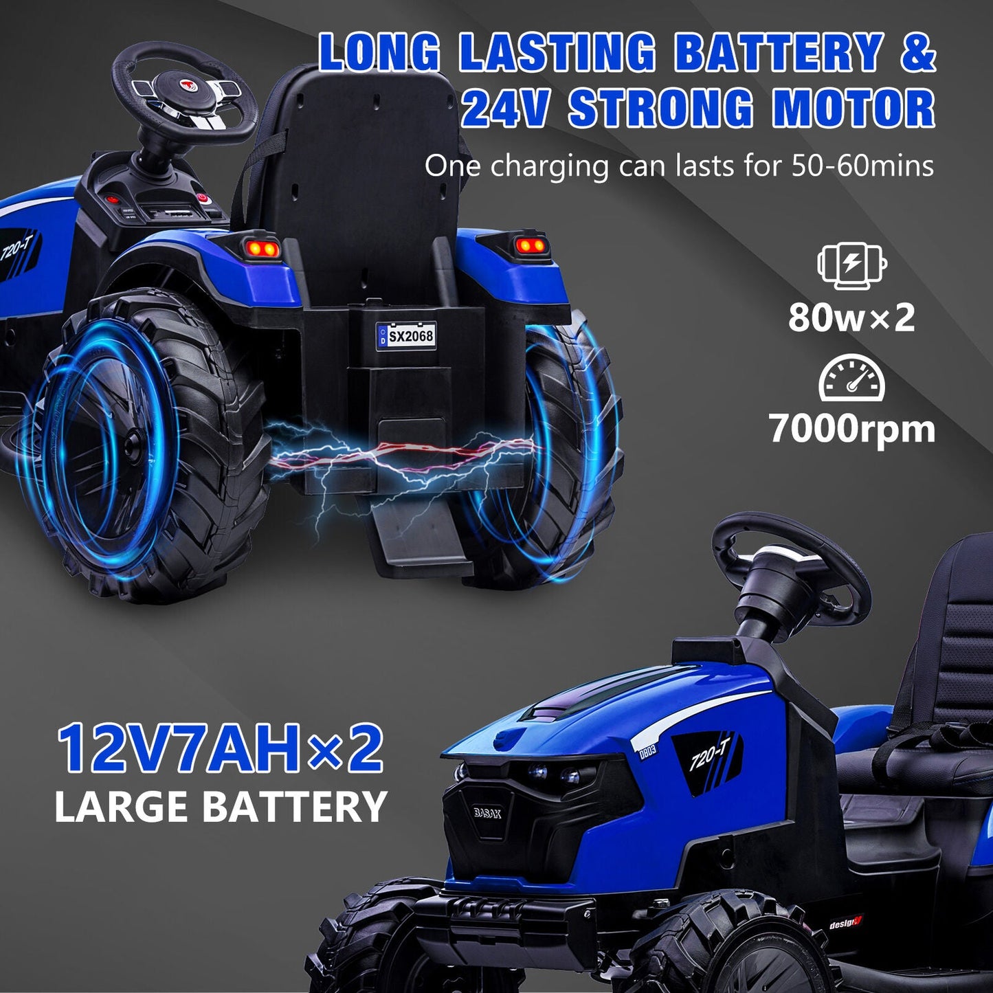 Electric Ride-On Tractor with Excavator, Bulldozer, and Trailer for Kids (24V)