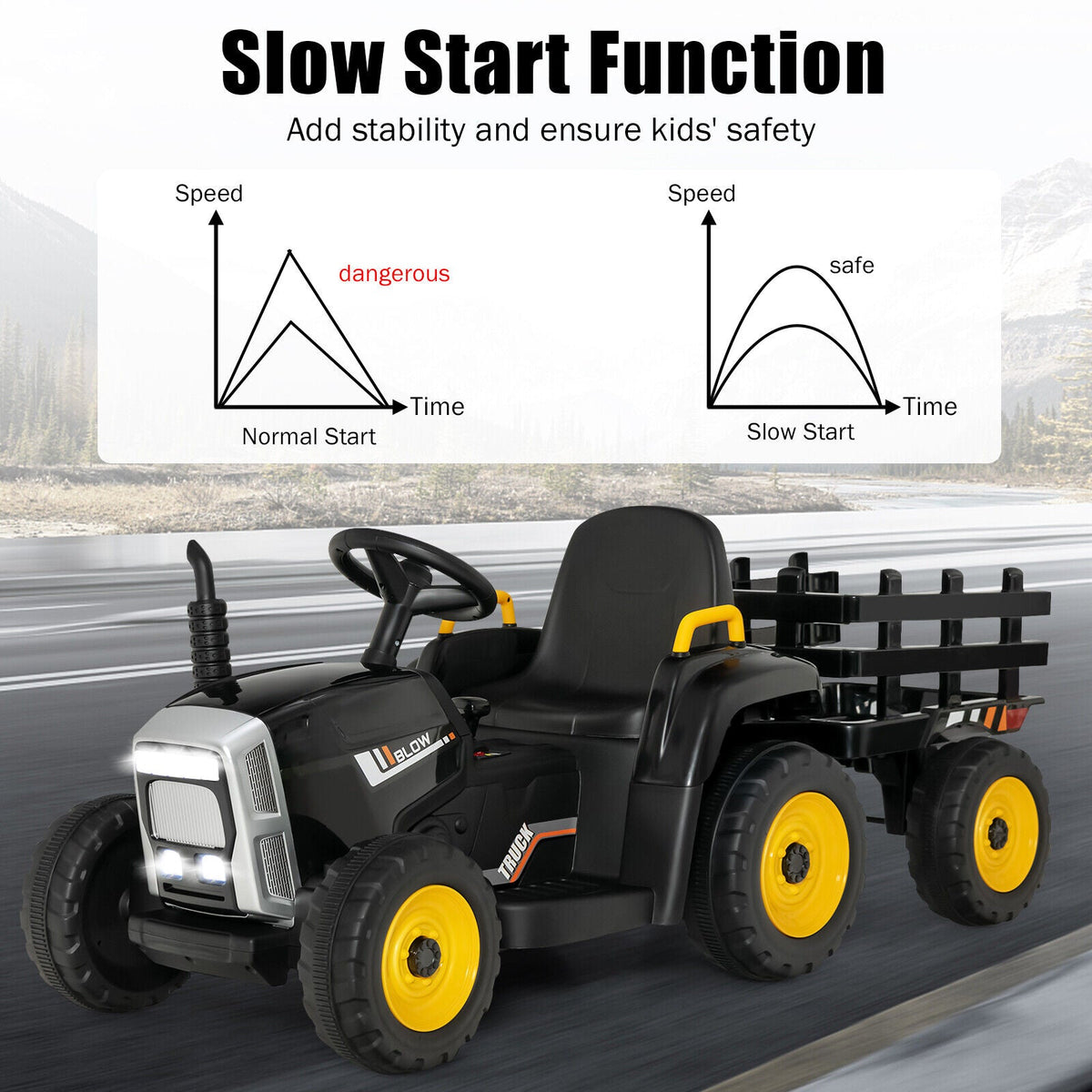 Electric Ride-On Tractor with Trailer and Remote Control - Black
