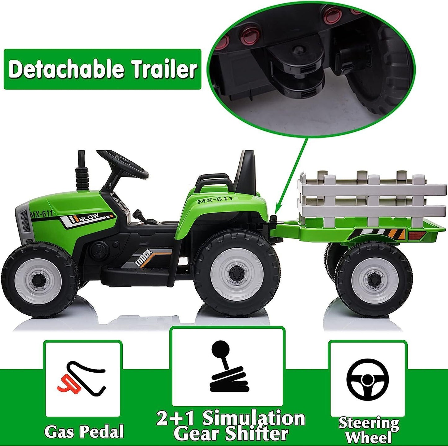 Electric Ride-On Tractor with Trailer and Remote Control for Kids - 12V Vehicle Toy