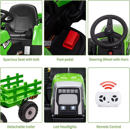 Electric Ride-On Tractor with Trailer for Kids - LED Lights, USB Music Player