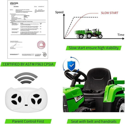 Electric Ride-On Tractor with Trailer for Kids - LED Lights, USB Music Player