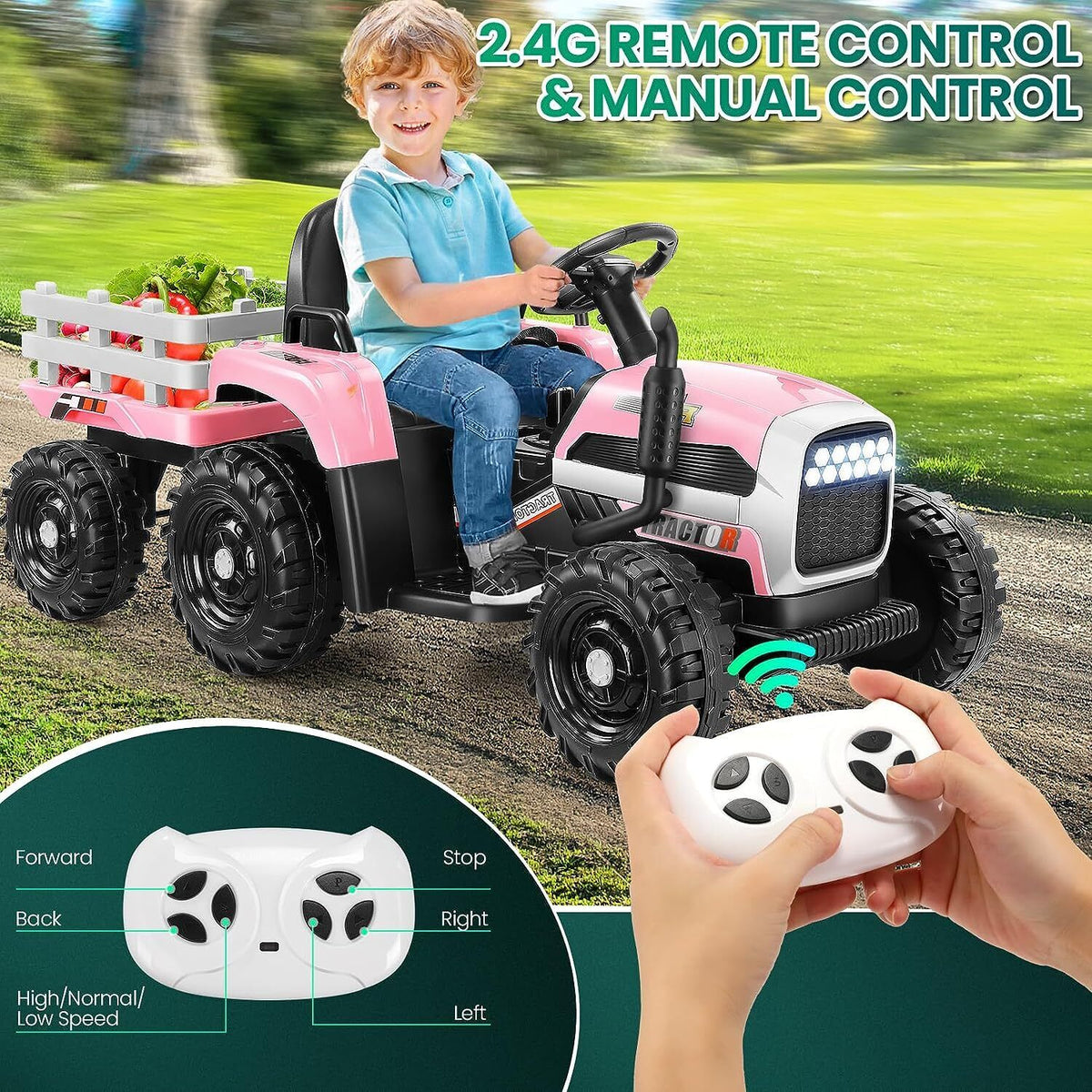 Electric Tractor Ride-On Toy Car with Trailer for Kids - 12V Battery Powered