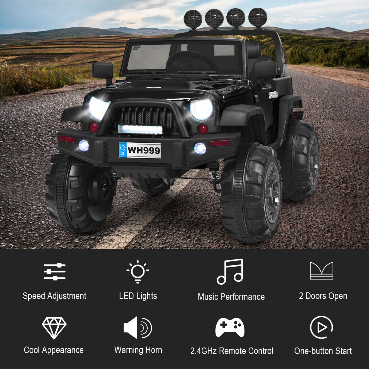 Electric Ride-On Truck for Kids with RC Control, Spring Suspension, Lights, Music, and Trunk - Black