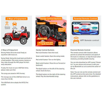 Electric Ride-On Truck for Kids with Remote Control, LED Lights, 3 Speeds, and Music