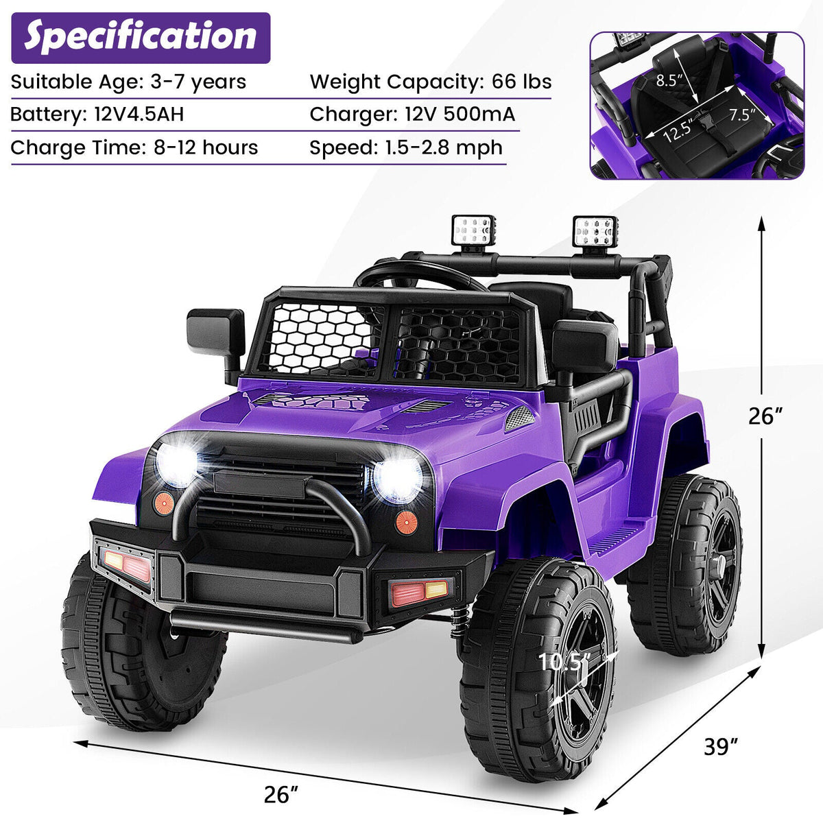 Electric Ride-On Truck for Kids with Remote Control, Lights, and Music - Purple
