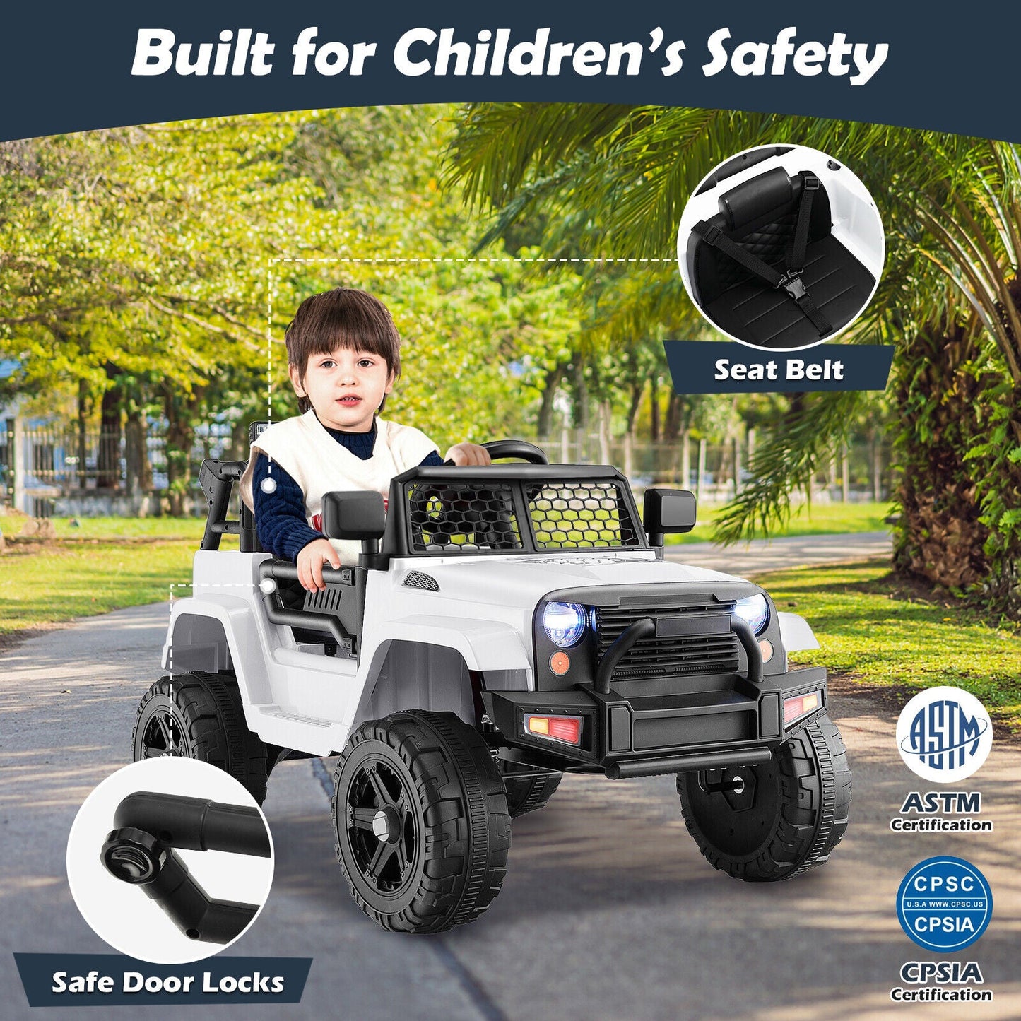 Electric Ride-On Truck for Kids with Remote Control, Lights, and Music - White