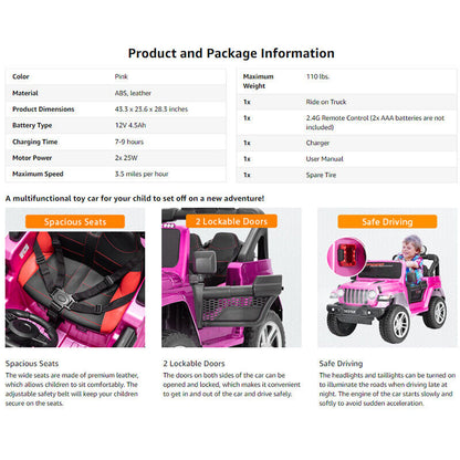 Electric Ride-On Truck for Kids with Remote Control, MP3 Player, LED Lights, and 3 Speeds - Pink