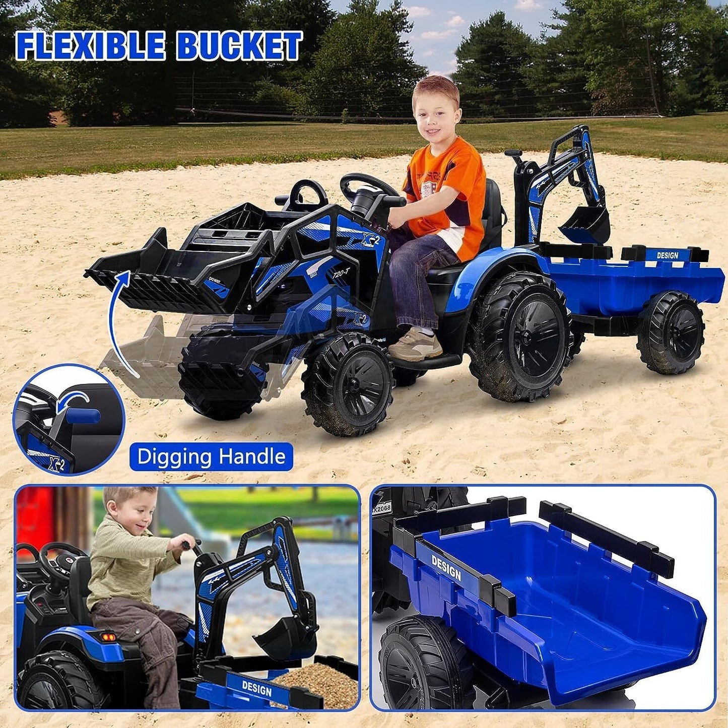 Electric Tractor Ride-On Toy Car for Kids with Trailer & LED Lights - 12V Battery Powered