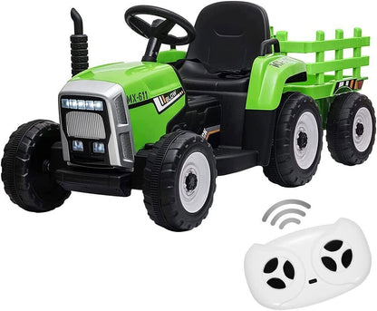 Electric Tractor Ride-On Toy with Trailer and LED Lights for Kids - 12V Battery Powered