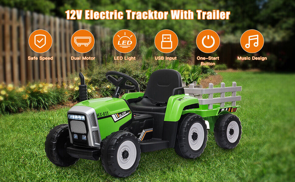 Electric Tractor with Trailer and Bucket - Battery Powered Ride On Toy for Kids