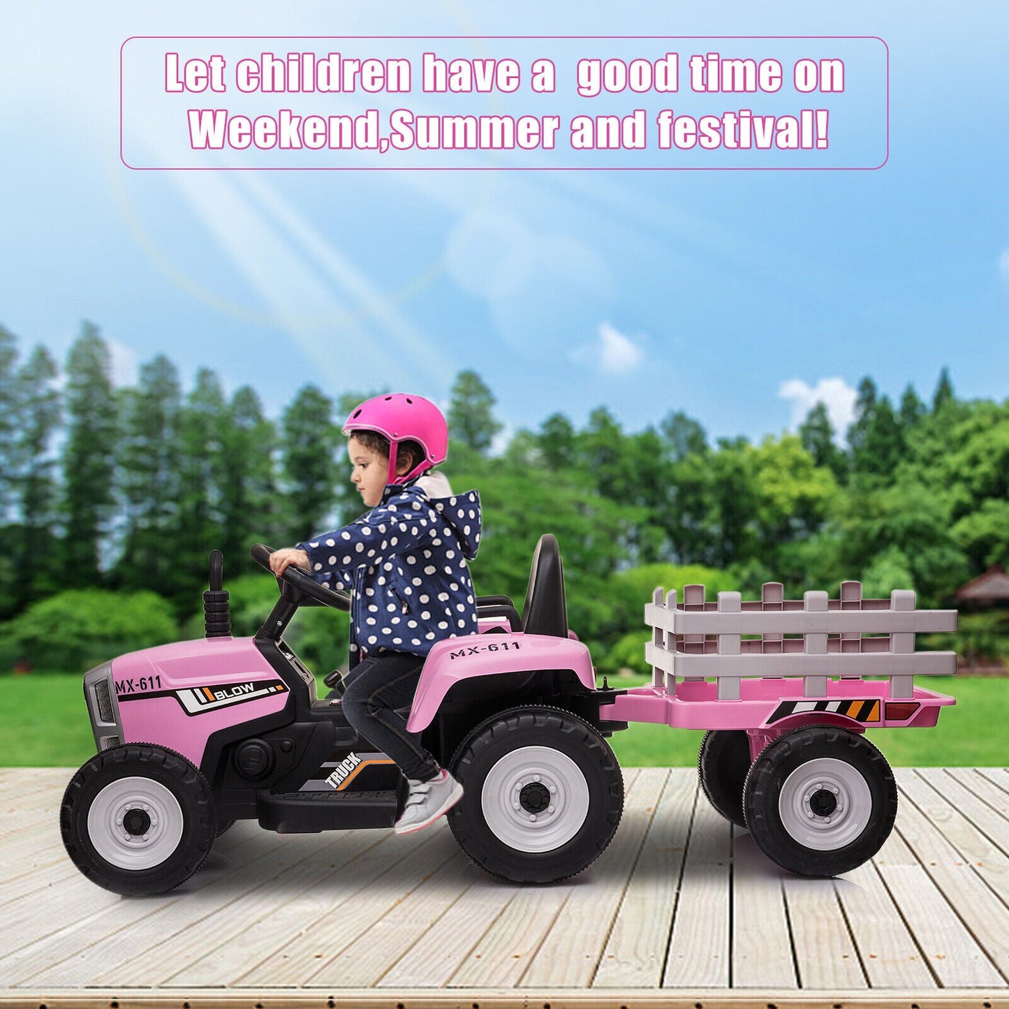 12V Pink Electric Ride-On Tractor with Trailer Bucket for Kids