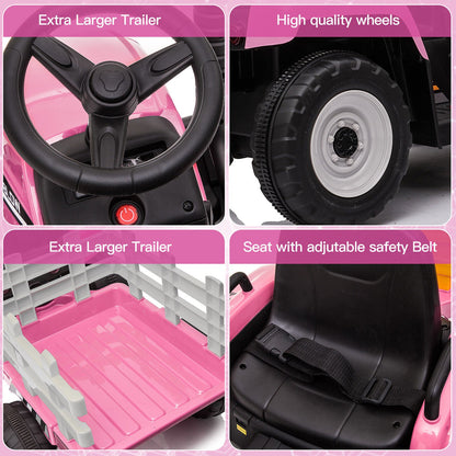 12V Pink Electric Ride-On Tractor with Trailer Bucket for Kids