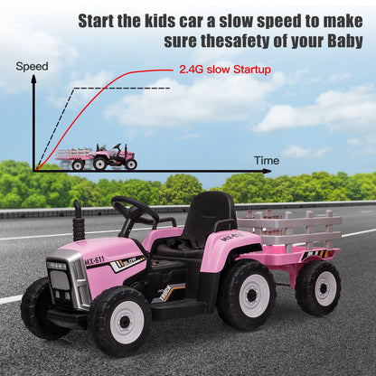 12V Pink Electric Ride-On Tractor with Trailer Bucket for Kids