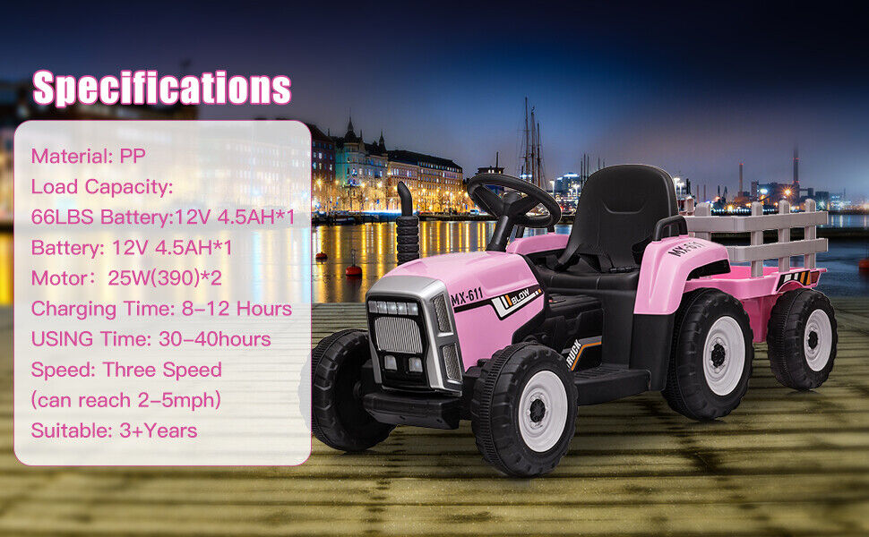 Electric Kids Ride On Tractor with Remote Control and Trailer - 12V Battery Powered Toy