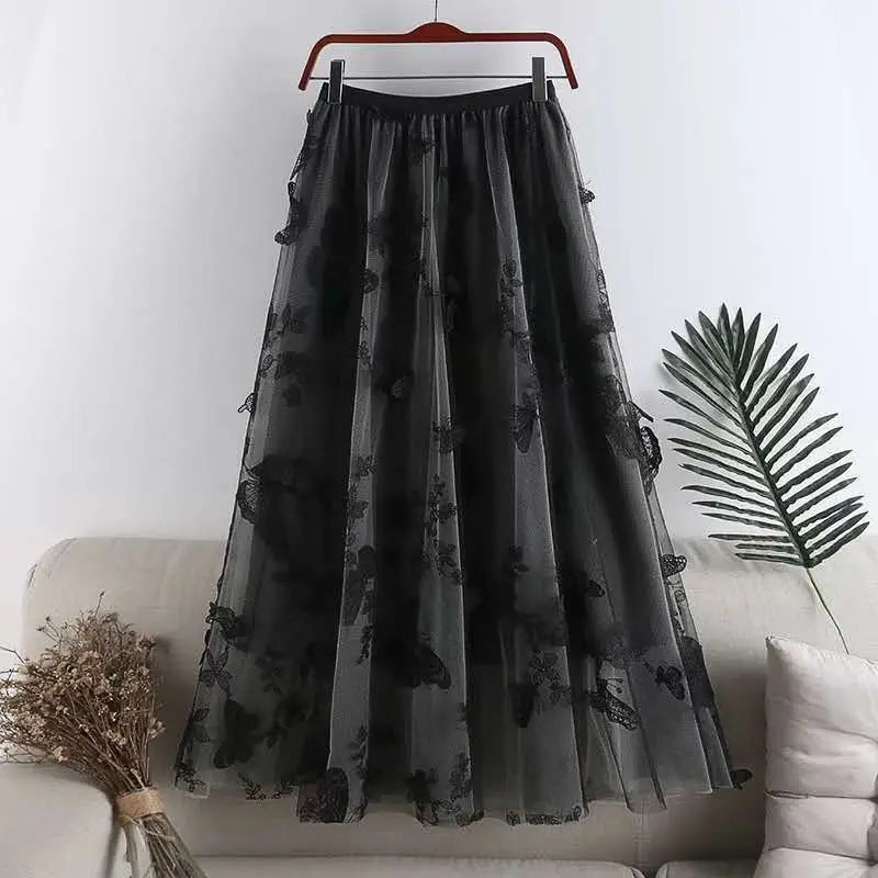 Embroidered Bow Lace Mesh Skirt Mid-length