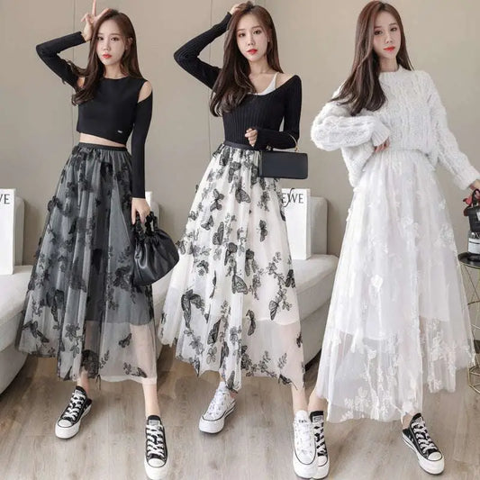 Embroidered Bow Lace Mesh Skirt Mid-length