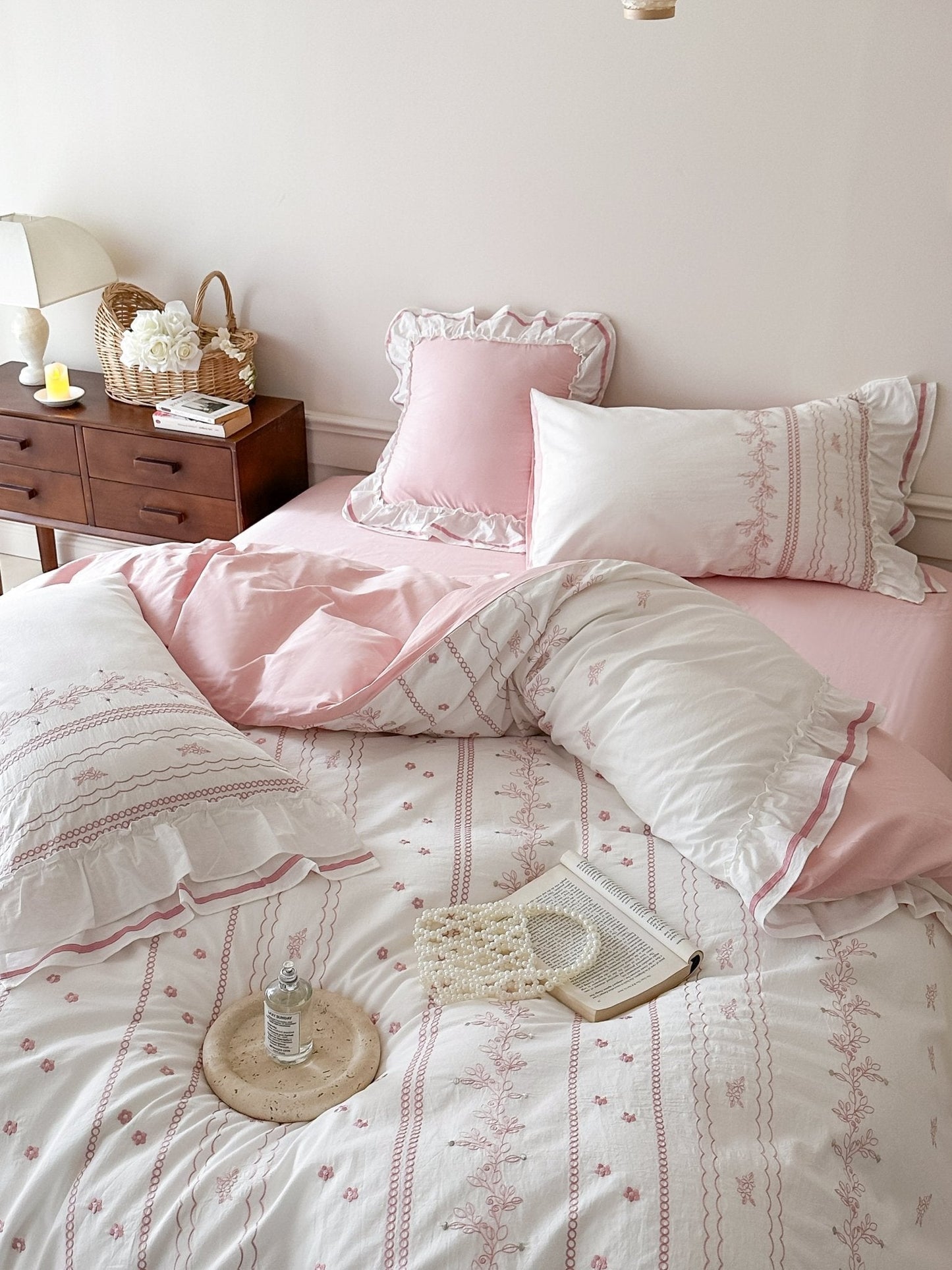 Embroidered French Lace Ruffle Duvet Cover / Pink