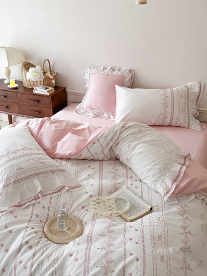 Embroidered French Lace Ruffle Duvet Cover / Pink