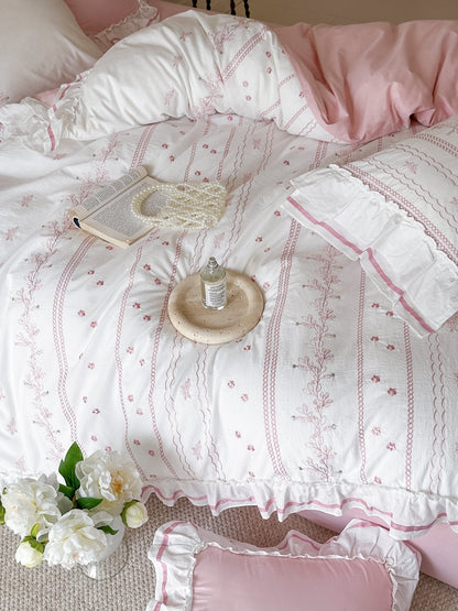 Embroidered French Lace Ruffle Duvet Cover / Pink