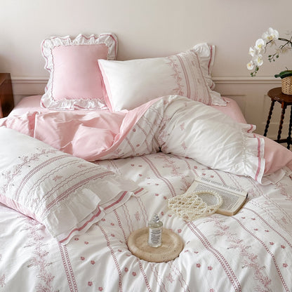 Embroidered French Lace Ruffle Pillowcases / Pink