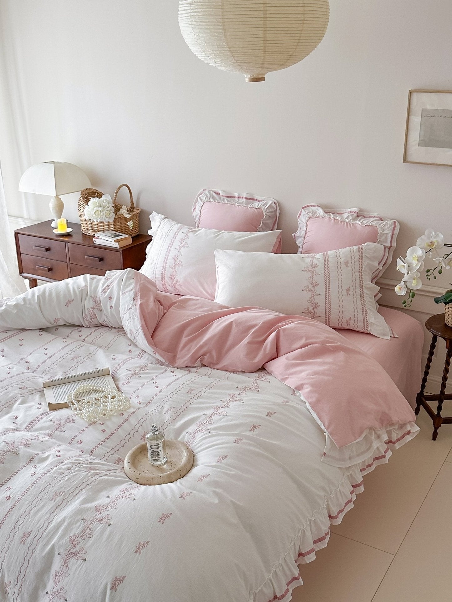 Embroidered French Lace Ruffle Bedding Set / Pink
