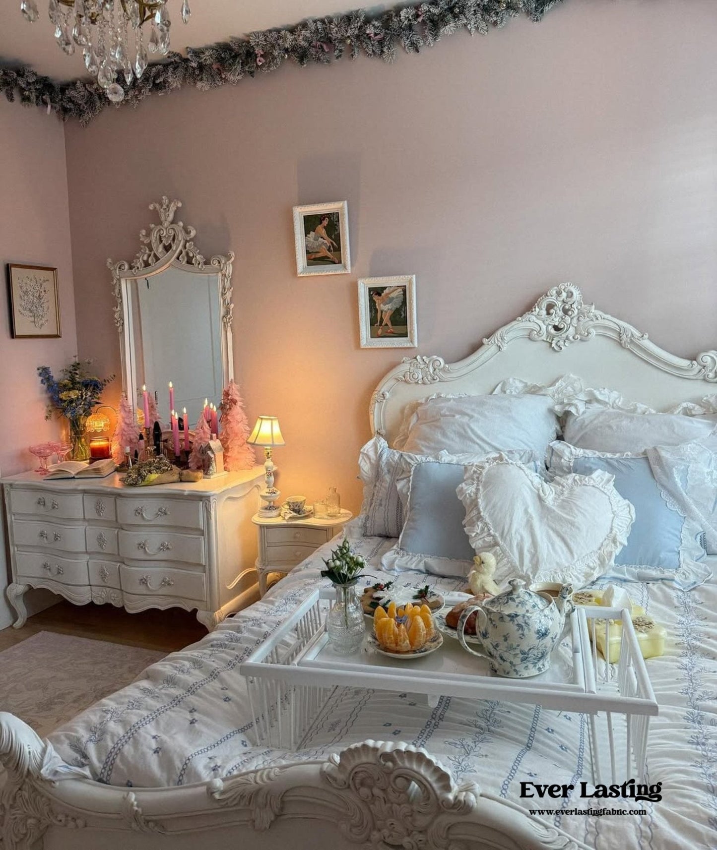 Embroidered French Lace Ruffle Bedding Set / Pink