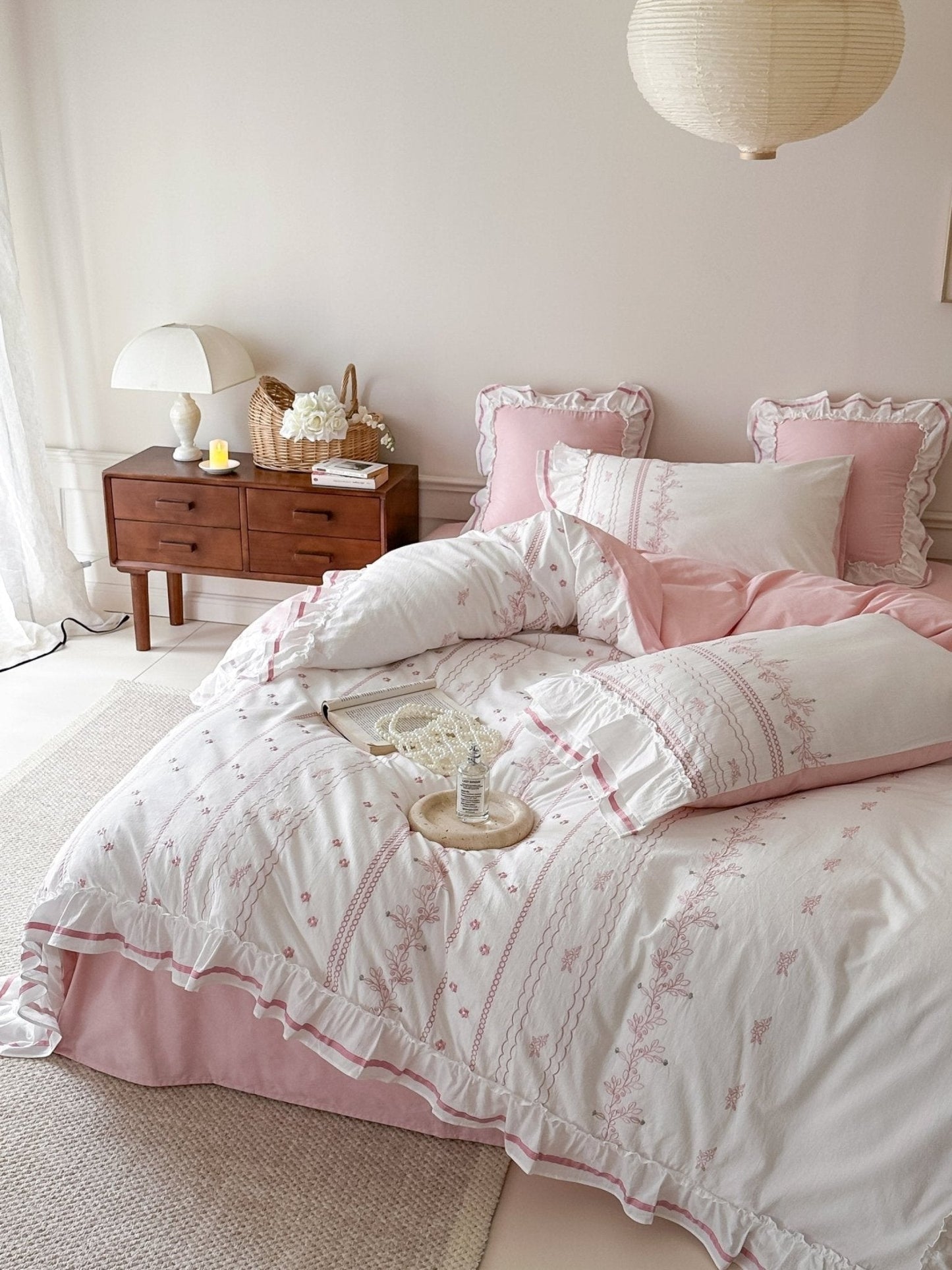 Embroidered French Lace Ruffle Duvet Cover / Blue