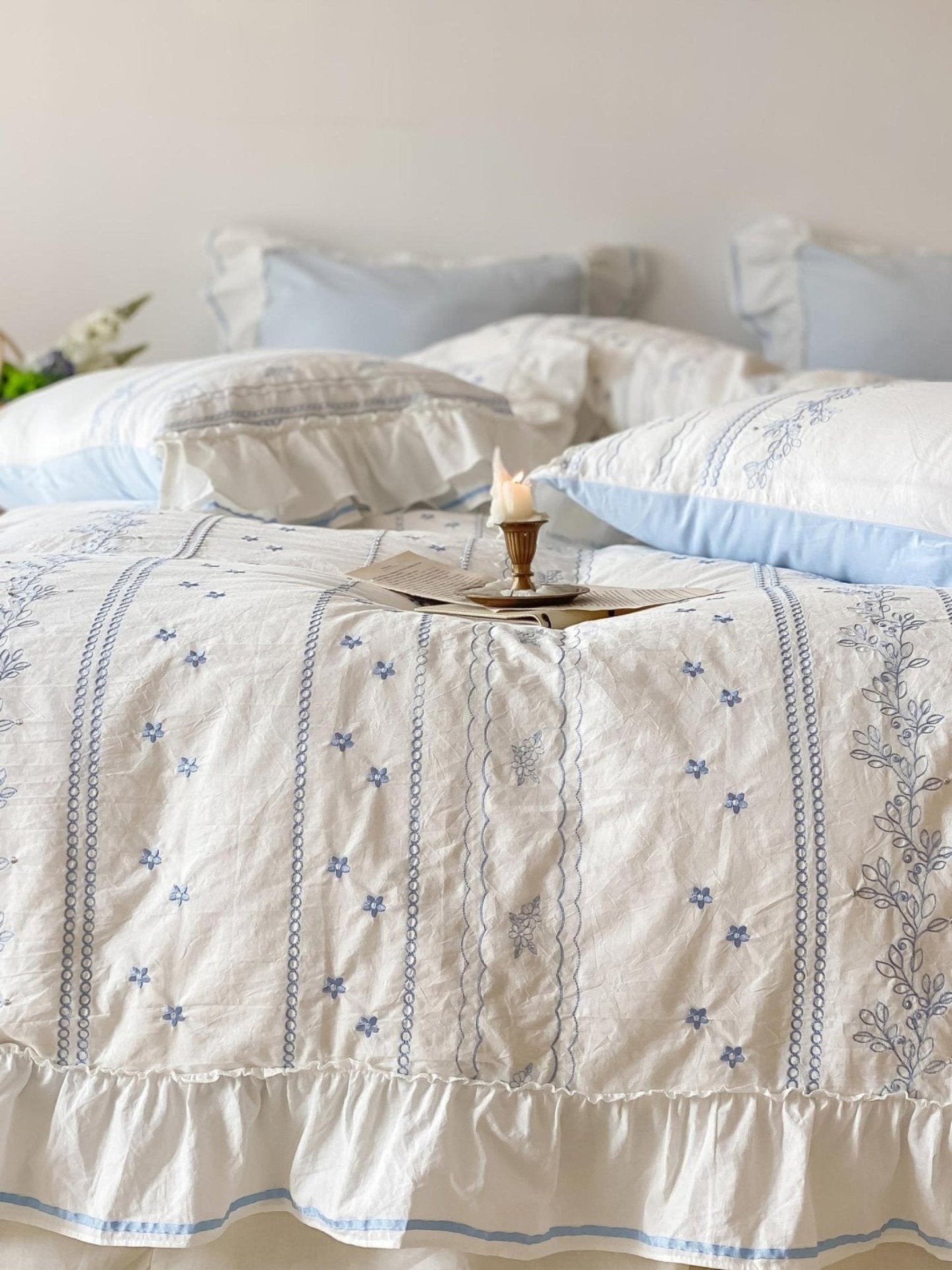 Embroidered French Lace Ruffle Duvet Cover / Blue
