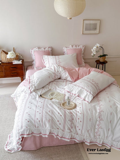 Embroidered French Lace Ruffle Duvet Cover / Blue